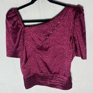 Milk & Honey Burgundy Satiny Cropped Smocked Blouse L